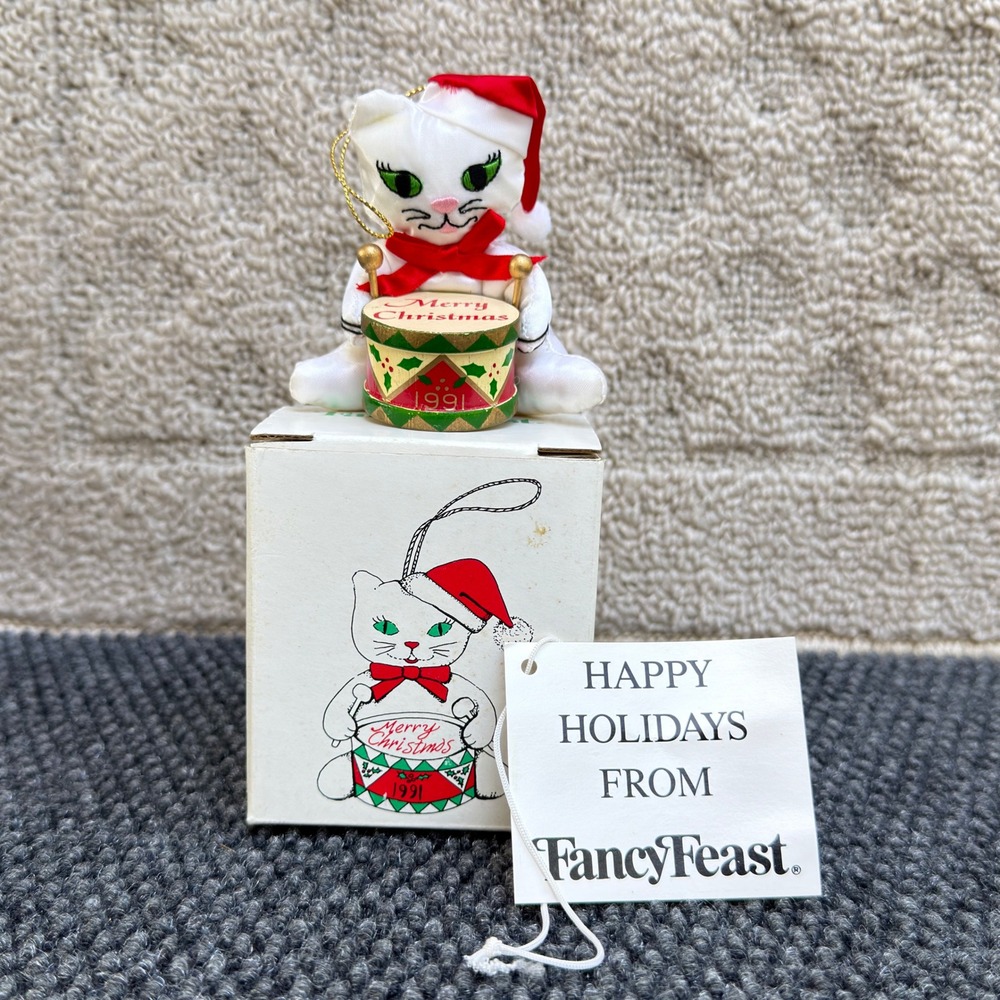 Vintage 1991 Fancy Feast Cat Christmas Ornament Russ Berrie Drum PD 391 Box